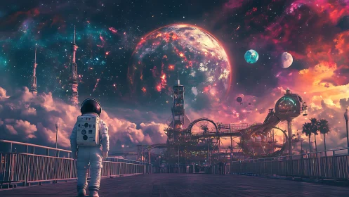 Astronaut on elevated walkway facing planetary skyline.