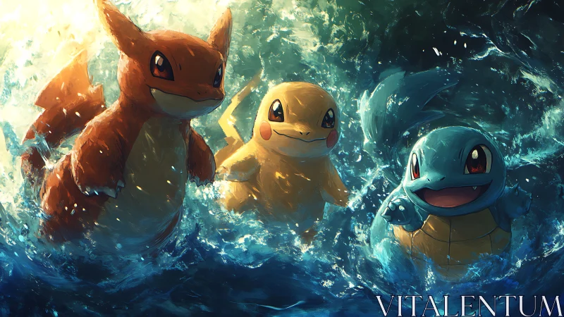 Three cartoon creatures moving through turbulent ocean water.