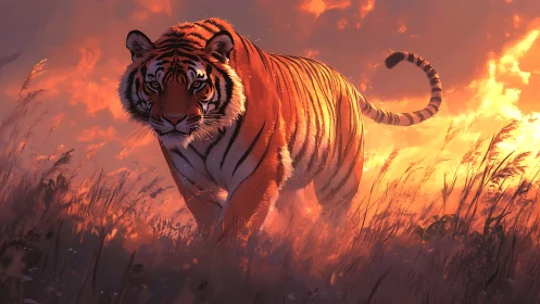 Sunlit tiger striding through blazing grassland dusk.