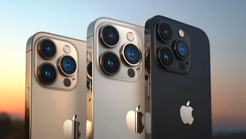 Three iPhone Pro Models Displayed in Sunset Light