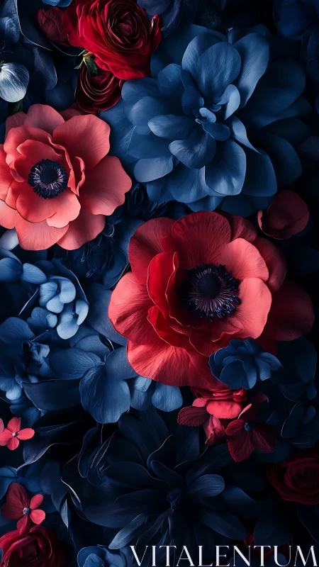Stunning Contrast of Red and Blue Flowers in Moody Blooms
