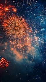 Fireworks bursting over night sky with US flag below.
