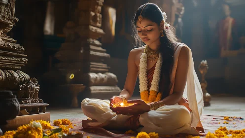 Young woman performing traditional prayer in ancient temple, soft light.