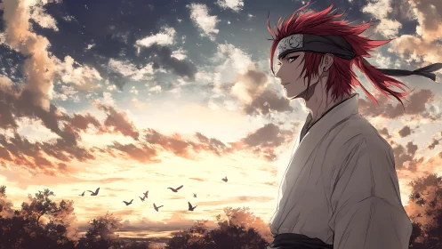 Red-haired anime swordsman in profile against clouded sunset.