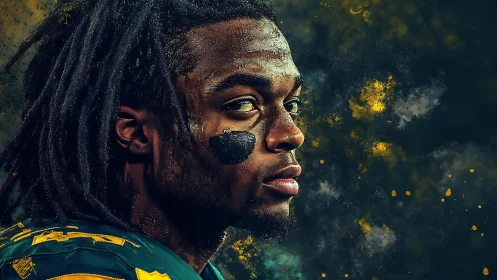 High-contrast gridiron portrait with textured particle bokeh field