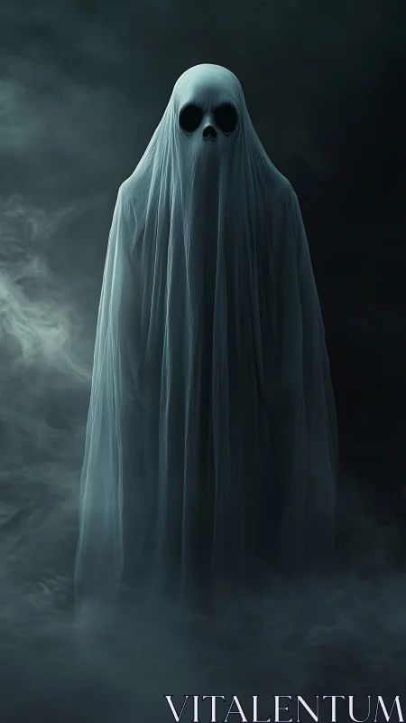 Ghostly figure drifts quietly through swirling midnight mist