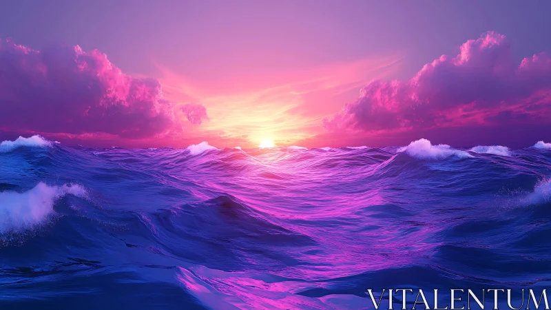 Neon tide rolls beneath a candyfloss cosmic sunset sky.