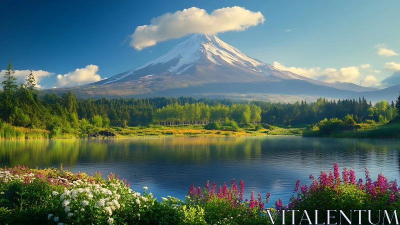 Sunlit mountain lake wrapped in wildflowers and quiet clouds.