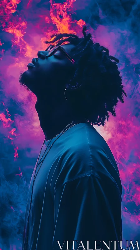 Profile portrait in neon smoke with blue and magenta glow.
