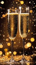 Champagne flutes glow amid golden festive bokeh lights.