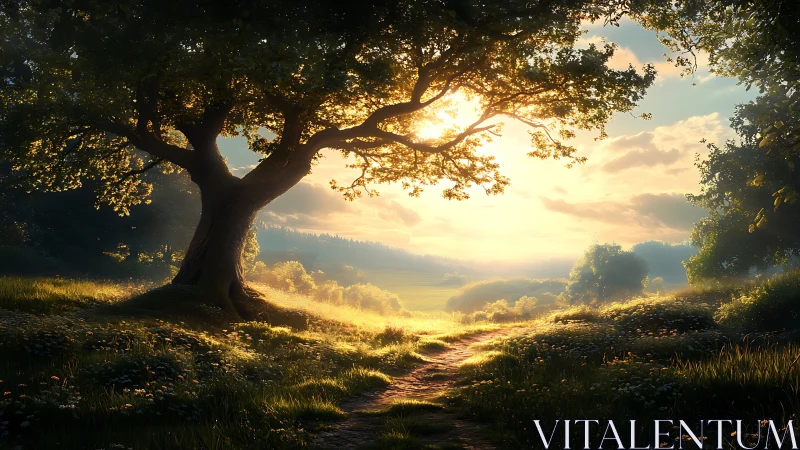 Sunlit country path winding beneath a welcoming old tree.