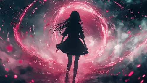 Silhouetted girl confronts luminous magenta vortex in storm