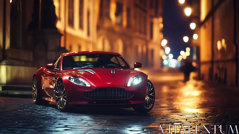 Red grand tourer sports coupe on wet cobblestone street at night