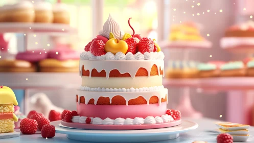 Elegant Three-Tier Cake with Fresh Berries and Whipped Cream.