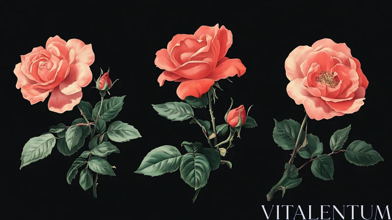 Three coral roses against black background in botanical illustration style.