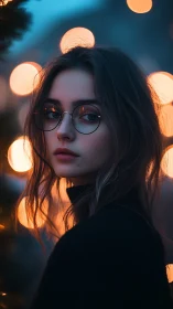 Young woman with glasses stands before defocused evening lights