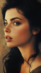 Side-lit freckled portrait captures quiet, intense gaze.