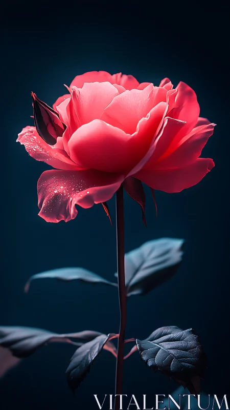 Radiant Coral Rose in Deep Emerald Light.