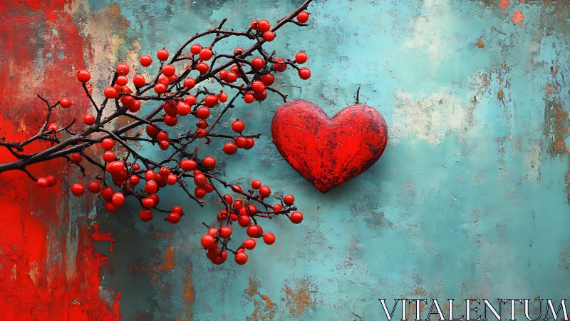 Red Heart and Berry Branch Against Turquoise Wall.