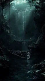 Hidden emerald waterfall pool in a quiet cavern forest.