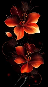 Luminous Red Hibiscus Flowers Against Black. Digital Art.