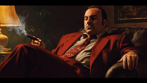 Mafioso kingpin in red suit reclines, cigar smoke curling.