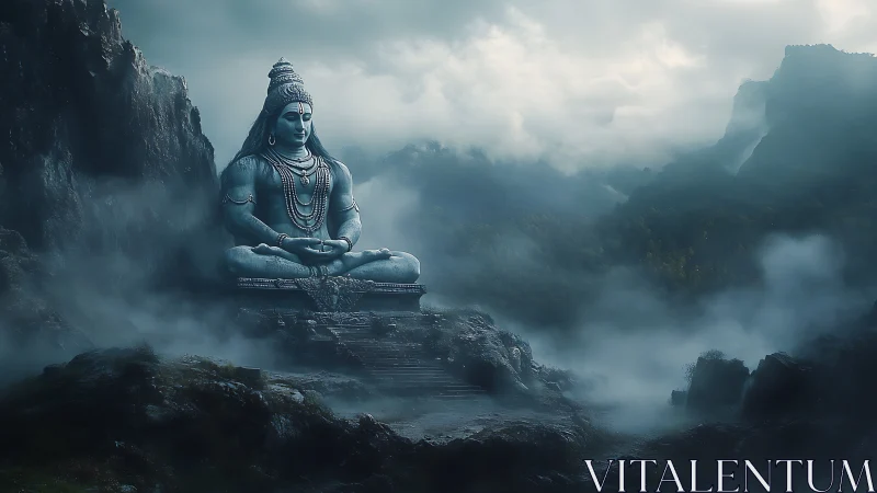 Monolithic meditative statue in mist-laden mountainous basin rendered atmospherically