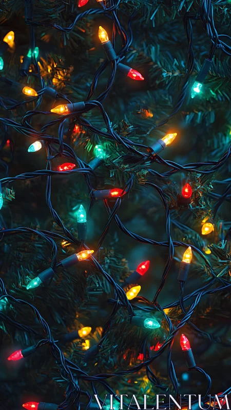 Multicolored LED string lights woven through deep pine foliage.