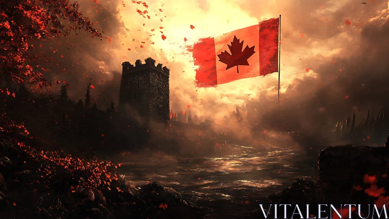 Stormlit Canadian flag drifts above a moody autumn river