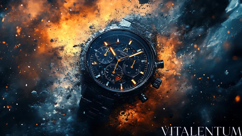Chronograph watch exploding through cinematic fire and smoke.