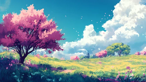 Spring blossoms glow gently under a bright, open sky