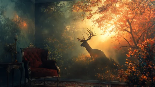 Stag in glowing forest framed beside vintage red armchair.