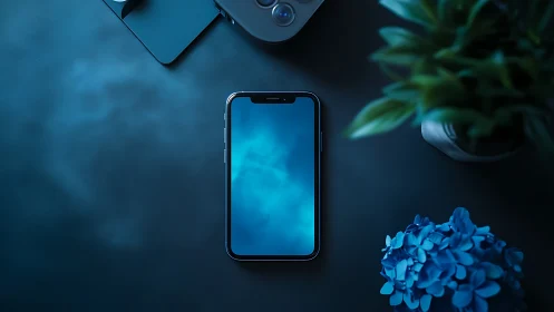 Smartphone displaying luminous blue interface with surrounding technology accessories