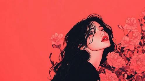 Bold red portrait contrasts dark hair with blooming florals