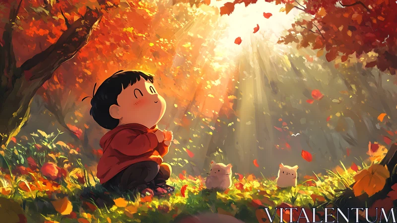 Child marvels at magical autumn light with tiny forest friends.
