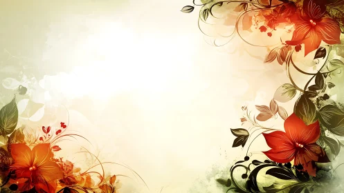 Floral vector border with red blossoms on light background.