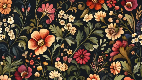 Botanical floral pattern with ornamental flowering plants on dark background.