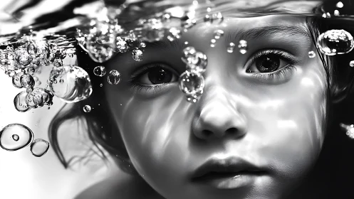 Child's face submerged with water droplets and bubbles in monochrome
