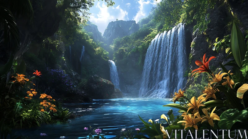 Hidden jungle waterfalls and bright wildflower lagoon.