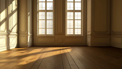 Photorealistic sunlit classical interior with paneled walls.