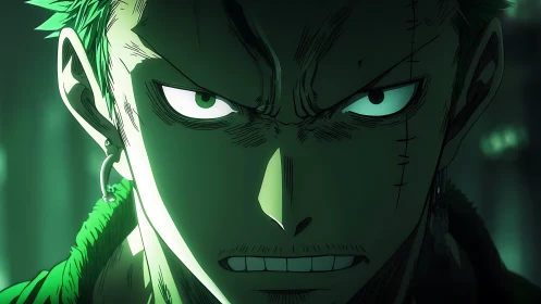 Anime close-up portrait with dramatic green chiaroscuro lighting.