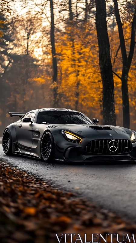 Matte black widebody GT coupe on damp forest road at dusk