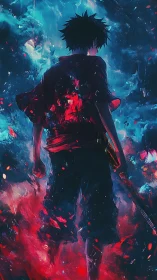 Backlit anime swordsman in turbulent bicolor energy field.