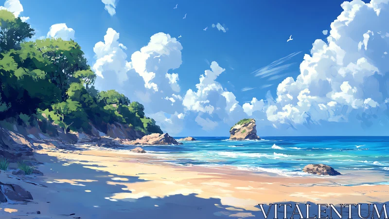 Coastal shoreline with trees, sand, clouds, and offshore rock.