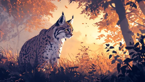 Lynx in Autumn Forest Bathed in Golden Light.