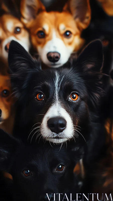 Close-up vertical composition of multiple dogs’ faces.