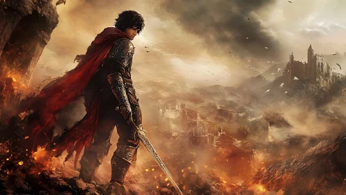 Armored swordsman surveys burning valley under storm-lit sky