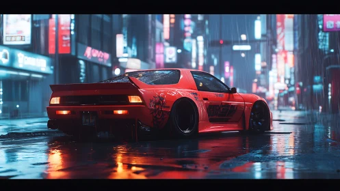 Red tuned sports car in neon lit rainy city street scene.