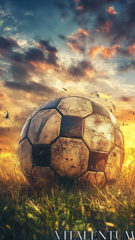 Weathered soccer ball under dramatic sunset sky field.