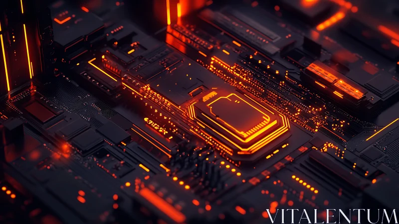 Glowing orange circuitry ignites a futuristic motherboard core